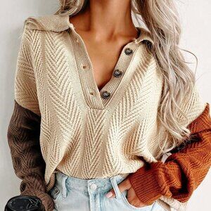 Apricot Casual Women's Half Button Collared Color Block Knit Pullover Sweater